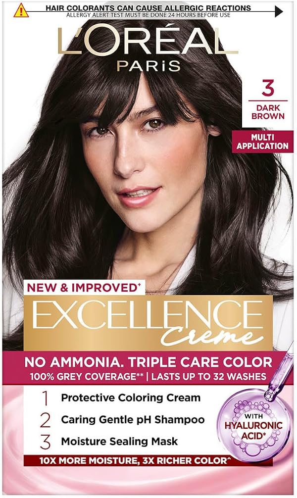 L'Oréal Paris Permanent Hair Colour, Radiant At-Home Hair Colour with up to 100% Grey Coverage, Pro-Keratin, Up to 8 Weeks of Colour, Excellence Crème, 3 Natural Darkest Brown, 72ml+100g