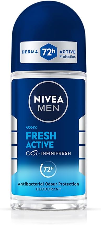 NIVEA MEN Fresh Active 50ml Deo Underarm Roll On | With Fresh Ocean Extracts Scent| 72 H Freshness| 0% Alcohol | Dermatologically Approved & Paraben Free Formula