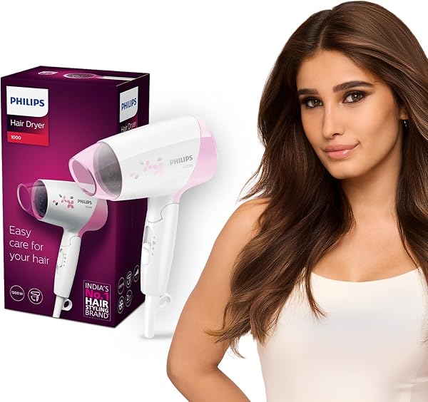 Philips India's No.1 Hair Styling Brand - Foldable Hair Dryer | 1200W | Fast Blow Dry | 2 Heat Settings | ThermoProtect Tech |Travel-Friendly, Quick Dry | Frizz Control For Indian Hair | HP8120