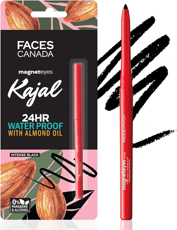FACESCANADA Magneteyes Kajal Stick - Black, 0.35 Gm | 24 Hr Long Stay | One Stroke Smooth Glide | Waterproof, Smudgeproof & Fadeproof | Deep Matte Finish | Enriched With Almond Oil & Vitamin E