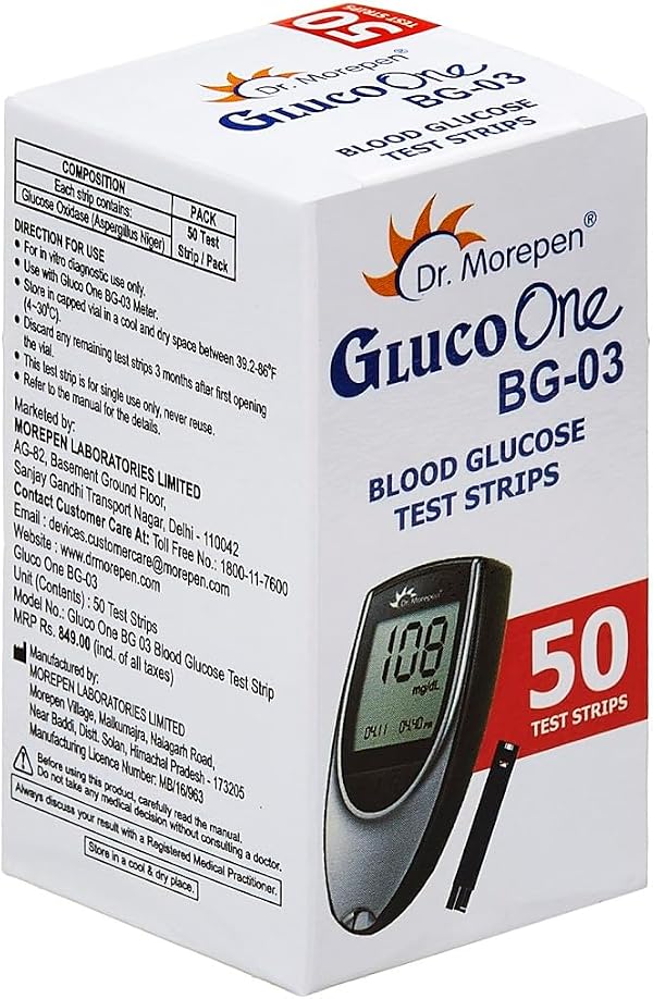 Dr. Morepen BG-03 Blood Glucose Test Strips, 50 Strips (Black/White)(Only Strips, No Glucometer)