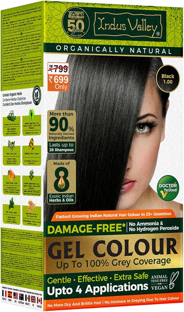 INDUS VALLEY Damage Free Natural Gel Hair Colour for Women | Ammonia & PPD Free Organic Hair Colour with 100% Grey Coverage, Long Lasting Conditioning Hair Color | Black 1.00-220 ml