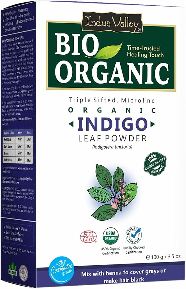 Indus Valley Bio Organic Herbal Indigo Powder for Natural Hair Color, 100% Organic & Chemical-Free, Helps Protect Hair from Damage and Supports Healthy Hair – 100g