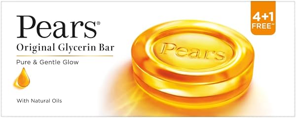 Pears Original Glycerin Soap Bar - Pure & Gentle Glow | With 98% Pure Glycerin | For Hydration & Glow | With Plant Based Cleanser for Skin & Body | Paraben-free | 125gms x 5