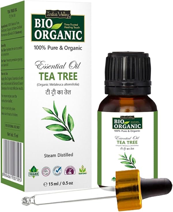 Indus Valley 100% Pure Natural & Organic Undiluted Tea Tree Essential Oil with Glass Dropper for Hair Growth, Skin, Acne, Face, Dandruff, Aromatherapy, Bah Oil & Diffuser (15ml)