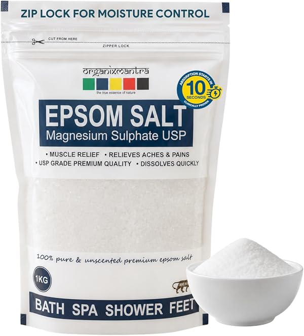 Organix Mantra Epsom Bath Salt 1KG | USP Grade Magnesium Sulphate | Muscle Relief, Foot Soak & Relaxing Bath | Relieves Aches & Pain | 100% Pure & Unscented