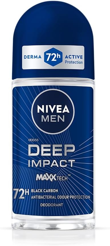 NIVEA MEN Deep Impact Freshness Underarm Roll On Deodorant for Men with Black Carbon | Long Lasting Antiperspirant Roll On for Body Odour Control | Alcohol Free Underarm Deodorant Roll On 50ml