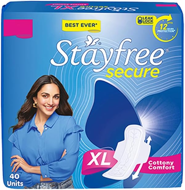 Stayfree Secure XL Sanitary Pads For Women| 40 Pads | Cottony Soft Cover | Up to 12 Hours Protection | Odour Control System