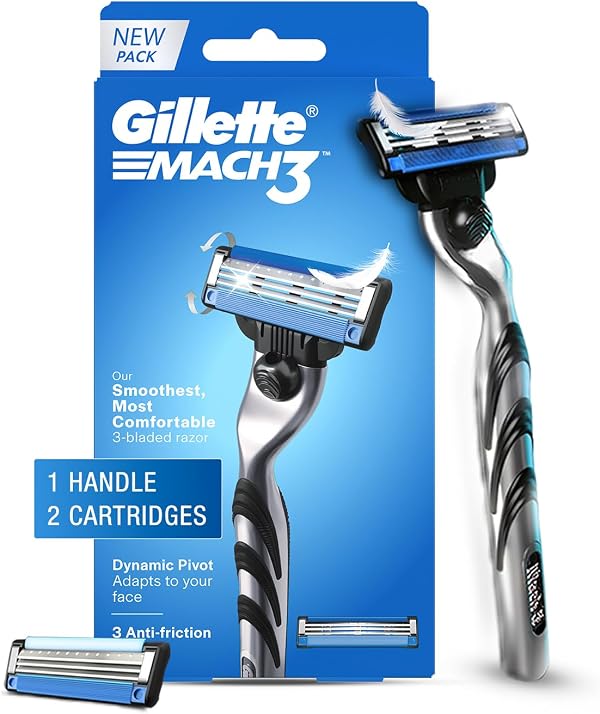 Gillette Mach 3 (Handle + 2 Cartridges) Shaving Razor For Men | Most Comfortable Shave | 3D Blade Technology That Adjusts To Your Face | Metal Handle For Superior Grip