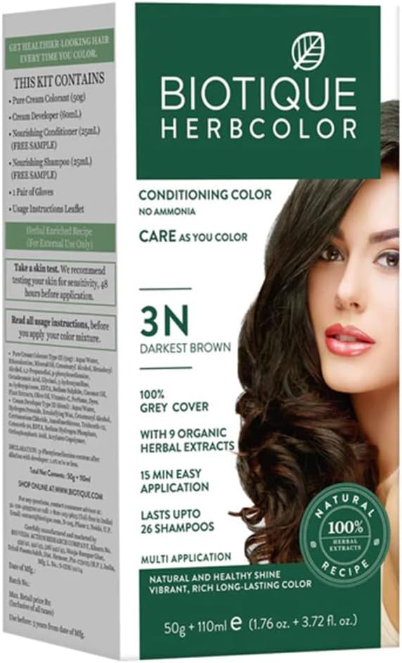 Biotique Herbcolor Conditioning Hair Colour l Ammonia Free Hair Color l 9 Organic Herbal Extracts l Natural and Healthy Shine l 50g + 110ml| Darkest Brown 3N (Pack of 1)