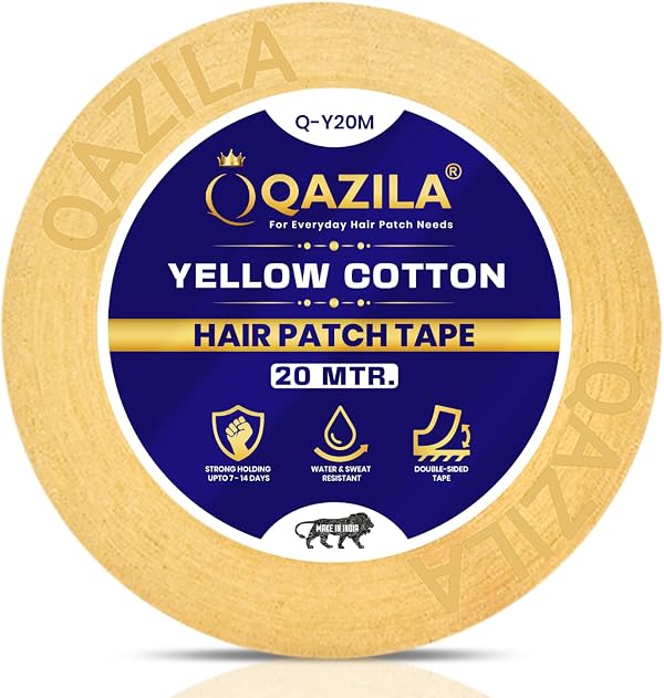 Qazila Yellow Cotton Hair Patch Tape | Strong Hold 7-14 Days (20-30 Days with Glue) | Water & Sweat Resistant | Skin-Friendly | Easy to Apply & Remove | For Monofilament Patches (1 Inch x 20 Meters)