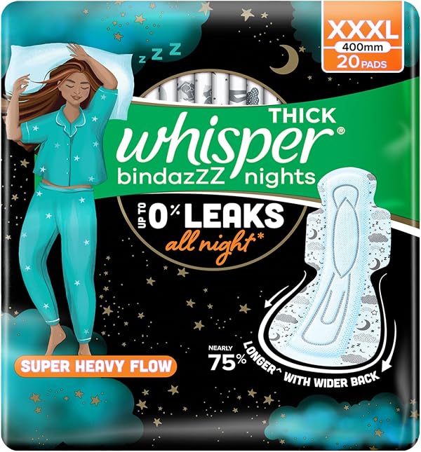 Whisper bindazzz Nights Pads For Women, XXX-Large Pack of 20 pads Scent: unscented
