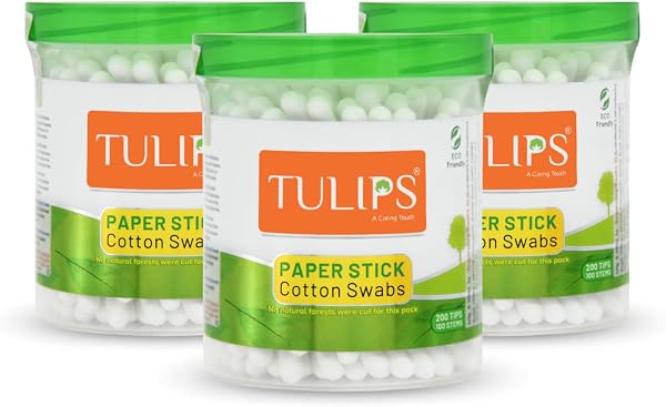 TULIPS Cotton Ear Buds/Swabs (pack of 3) with White PAPER Sticks (100/200 Tips) in a Jar