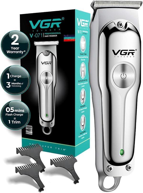 VGR V-071 Professional Beard Trimmer for Men, 2X Fast Charging, USB Type C, 120 Min Runtime, Hair Trimmer, Cordless, 3 Length Settings, 2 Year Warranty (Silver)