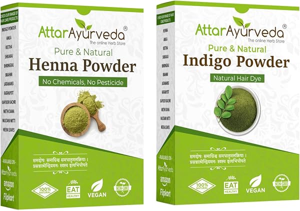 Attar Ayurveda Natural Dye for Black Hair (Henna and Indigo powder combo pack) (200 grams + 200 grams = 400 grams total)