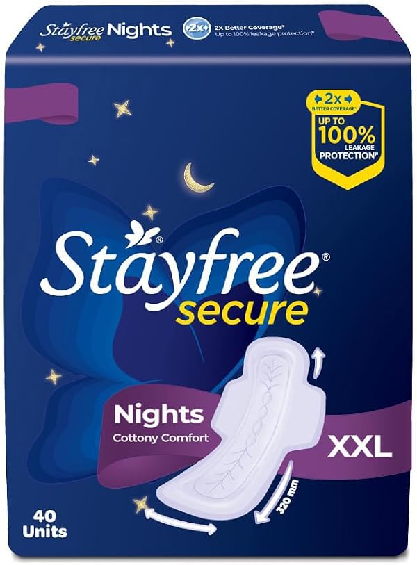 Stayfree Secure Nights XXL | 40 Pads| Cottony Soft Sanitary Pads for Women | Upto 100% leakage protection | Buy XXL at XL price | Absorbs 2x Faster with Wider Back |