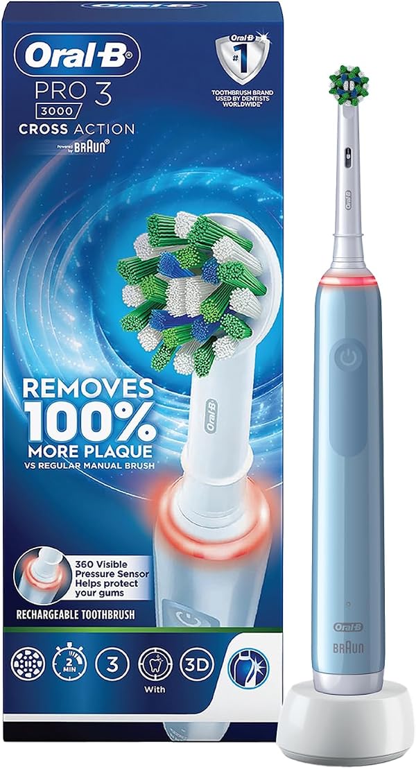 Oral-B Pro 3 Rechargeable Rotating Electric Toothbrush for Adults, 3 Cleaning Modes with Pressure Sensor, 2 Min Timer with Quadpacer, 2 Year Warranty by Oral B, IPX7 Water Resistant, Round Brush Head