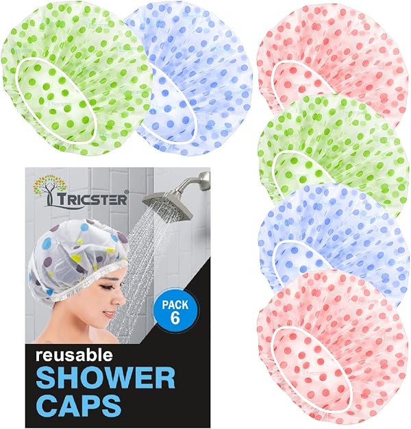 TRICSTER Shower Cap Set of 6 for Women, Reusable Waterproof Elastic Eva Free-Size Bathroom Shower Caps - For Homes, Spas, Salons, Hair Treatment, Beauty Parlors (Multicolored and Multi-design)