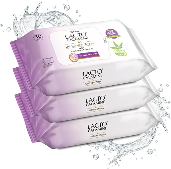 Lacto Calamine Oil Control Face Wipes 30N each- Pack of 3 | Makeup Remover Wipes | Wet Tissue for Face With Neem, Aloe Vera & Niacinamide | Wet Wipes for Women & Men | Pararben & Alcohol Free