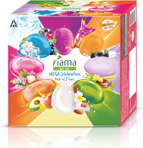Fiama Gel Bar Mega Celebration Pack 1kg (125g Pack of 8) | 8 Unique Soap Variants | Moisturised Skin with 30% Smoothing Body Serum | Bathing Soap Gift Set for Women & Men | All Skin Types