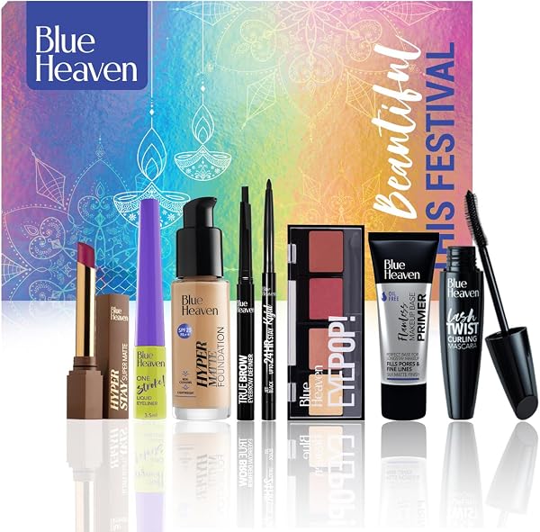 Blue Heaven Festive Makeup Kit | Pack of 8 Makeup Products | All-in-One Makeup Set for Bridal, Party, Everyday & Gifting | Medium Tone | 28.8 gm + 46ml