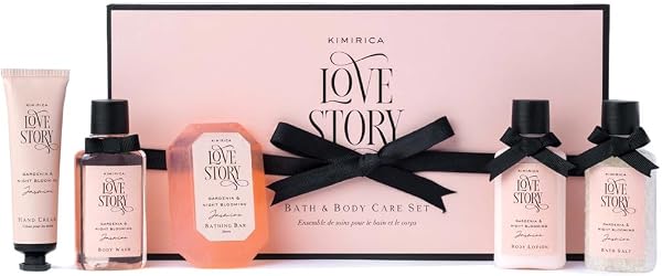 Kimirica Love Story Luxury Bath and Body Care Gift Set Box | Bath Salt, Body Wash, Body Lotion, Bathing Bar and Hand cream | Pack of 5 | For Men and Women | Pampering Kit for Birthday ,Anniversary & All Special Occasions | Premium Gift Pack