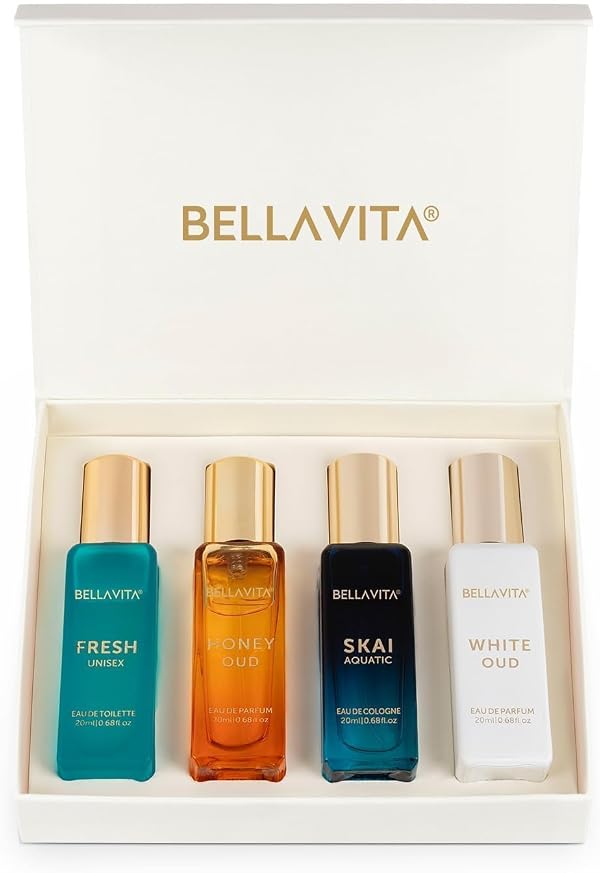 Bella Vita Luxury Unisex | Long Lasting Eau De Parfum Gift Set 4 x 20ml Perfume for Unisex | with SKAI, FRESH, WHITEOUD, HONEY OUD | Premium Fragrance Scent