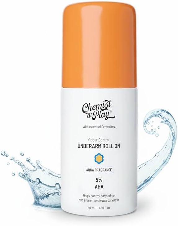 Chemist At Play UnderArm Roll On Deodorant with 5% AHA, Lactic Acid & 1% Mandelic Acid | Prevents Body Odour & Fades Pigmentation |0% Aluminium & 0% Alcohol |For Sensitive Skin | Aqua Fragrance | 40ml