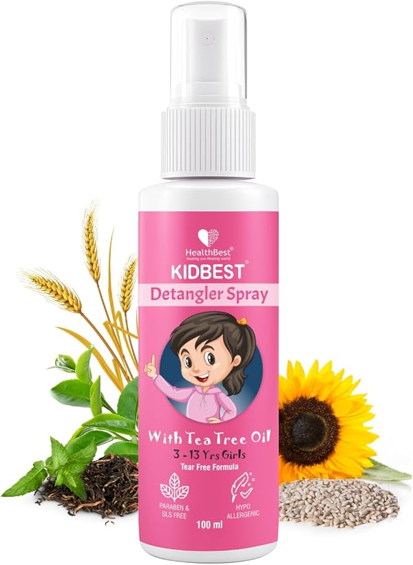 HealthBest Detangler Spray for Kids with Tea Tree Oil | Soft & Shiny Hair | Anti-Frizz, Easy Comb Through, Tangle-Free Hair, Suitable for Curly, Wavy and Straight Hair, Tear, Paraben, SLS Free – 100ml