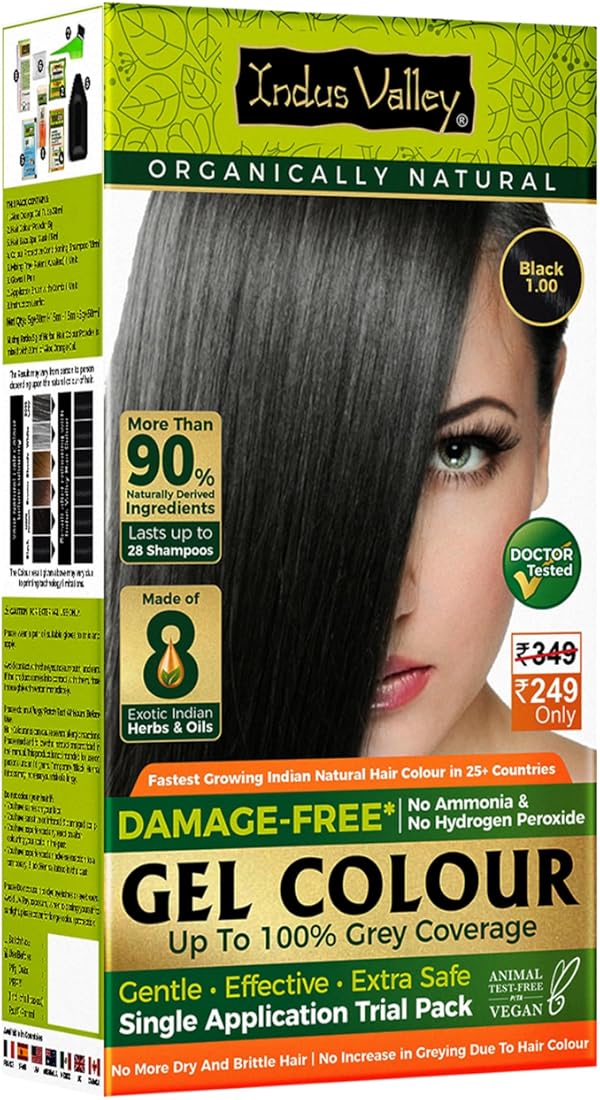 INDUS VALLEY Damage Free Natural Gel Hair Colour for Women | Ammonia & PPD Free Organic Hair Colour with 100% Grey Coverage, Long Lasting Hair Color Trial Pack (Black, 65 ml)
