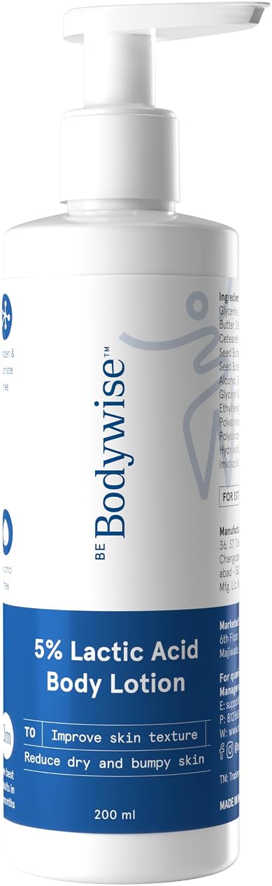 Be Bodywise 5% AHA Lactic Acid Body Lotion with 48Hr Moisturisation 200ml | Dermatologically Tested | Improves Skin Texture & Reduces Appearance of Strawberry Legs | With Lactic Acid, Aloe Vera & Cica Extract