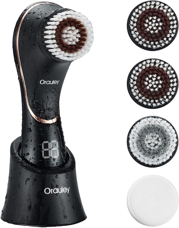 Facial Cleansing Brush, Electric Face Brush Scrubber Rechargeable Exfoliator IPX-7 Waterproof Rotating Cleanser for Exfoliating, Massaging and Deep Cleansing for Women & Men with 4 Brush Heads Black