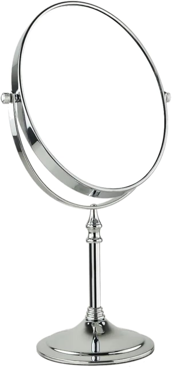 FLEXER Dual Sided Magnifying Tabletop Mount Oval Plastic Frame Mirror 5X And 1X Make Up Mirror Portable Table Mirrors With Stand For Woman&Man Chrome Finish (Silver)