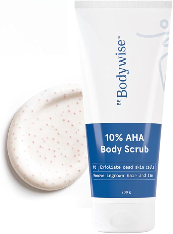 Be Bodywise 10% De Tan Lactic AHA Exfoliating Body Scrub 200g | Tan Removal & Soft-Smooth Skin | De-Tan Bathing Scrub with Centella Water & Aloe Vera, Removes Dirt & Dead Skin from Neck, Knees, Elbows & Arms | All Skin Types