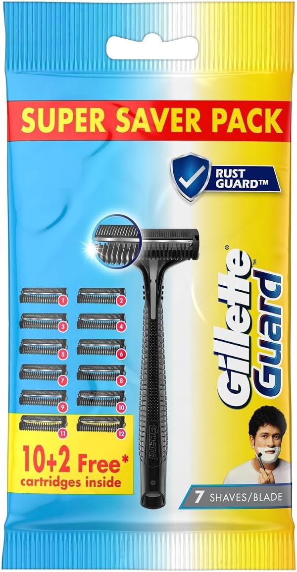 Gillette Guard Shaving Razor For Men (1 Razor With 12 Blades) | Super Value Pack With Upto 1 Year Of Shaving | Safety Comb And Flexible Head For A Safe Shave