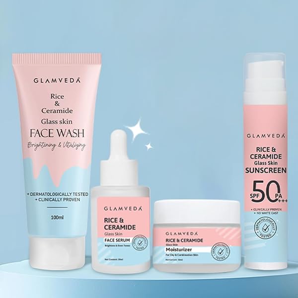 Glamveda Rice & Ceramide 4 Step Skincare Kit for Women | Face Wash, Face Serum, Moisturizer & SPF 50 PA+++ Sunscreen | Hydrating Korean Skincare Set for Barrier Repair, Brightening & Healthy Glowing Skin
