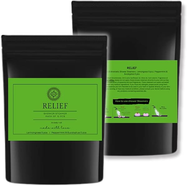 RELIEF Aromatherapy Shower Steamers -10 Tablets (1oz each), Lemongrass -Peppermint & Eucalyptus Shower Bombs with Essential Oils for Stress Relief, Self Care, Relaxation