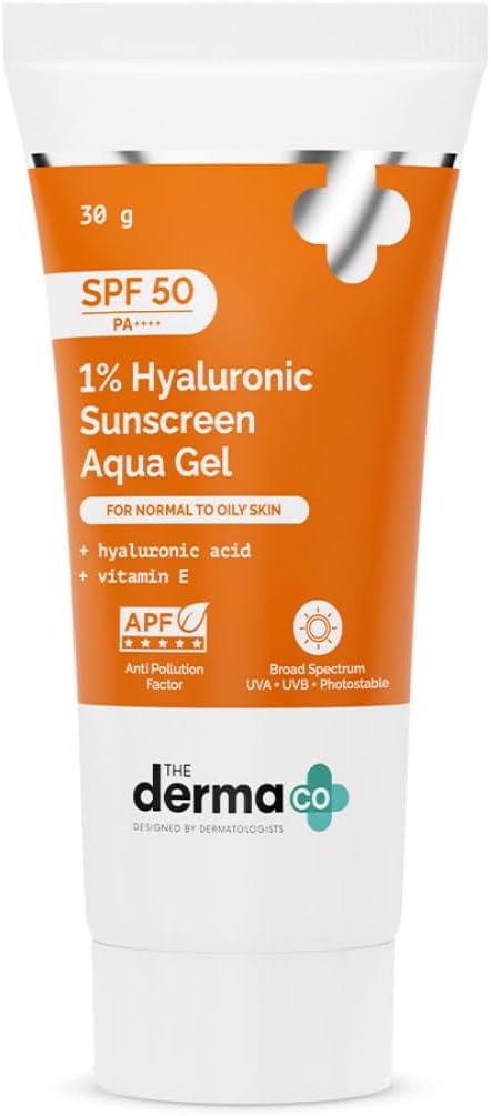 The Derma Co 1% Hyaluronic Sunscreen Aqua Gel SPF 50 PA++++ | Hydrating, Lightweight & Non-Greasy | No White Cast | Broad Spectrum & Blue Light Protection | Clinically Tested - (In-Vivo) | PPD-39 | 30 g