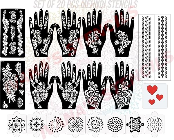 Ivana's Set of 20 Pcs Combo Pack, Reusable Mehandi for Hands Henna Tattoo Stencil for Women, Girls and Kids Easy to Use in Just 4 Steps Indian Design Collection, D-2025