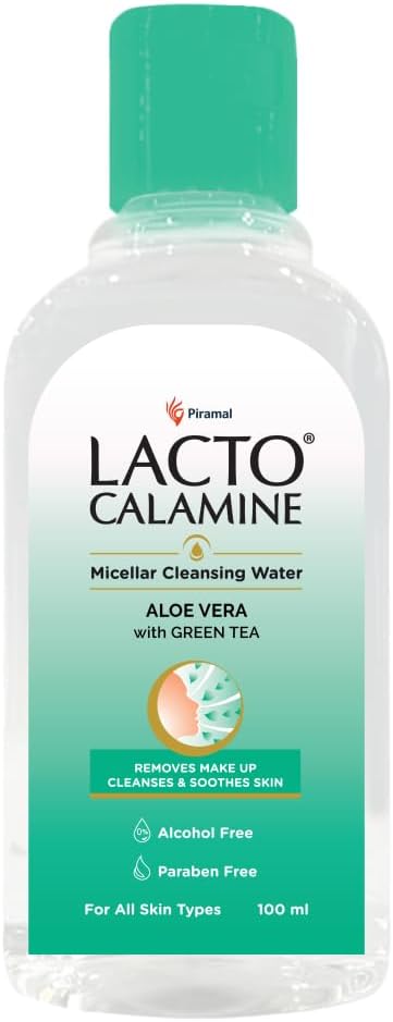 Lacto Calamine Micellar Water Make Up Remover Liquid | 100ml | With Aloe Vera, Green Tea & Niacinamide | Cleansing Water For Face That Removes Make-Up, Excess Oil & Impurities | Alcohol Free