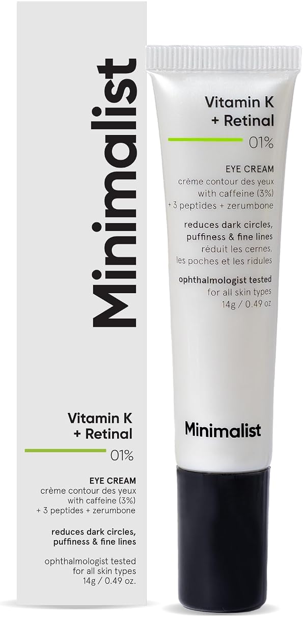 Minimalist Vitamin K + Retinal 01% Under Eye Cream | Reduces Dark Circles, Wrinkles & Fine Lines | With Caffeine for Puffiness | For Women & Men | 14 gm