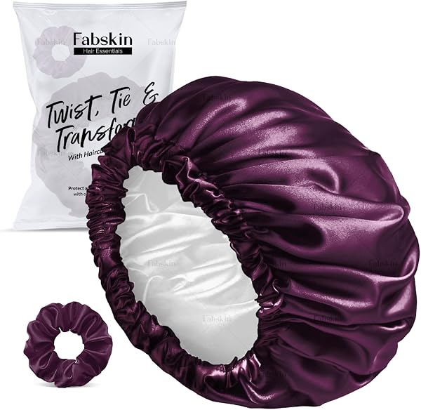 FABSKIN Luxury Satin Silk Hair Bonnet Cap for Sleeping with Satin Scrunchie | For Women & Girls | For Curly & All Hair Types - Wine
