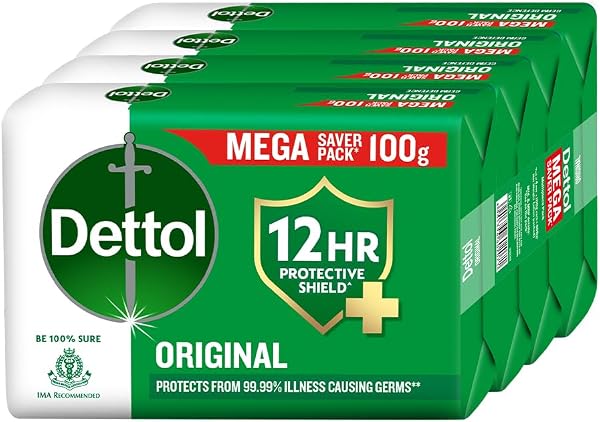 Dettol Original Bathing Soap Bar with 12 HR protective shield (400gm) | Kills 99.99% Germs, 100g (Pack of 4)