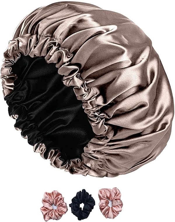 Simmi Luxry Satin Bonnet for Smooth Hair, Satin Silk Hair Bonnet with 3 Premium Scrunchies| Shower Cap Bonnet Sleep with Adjustable Tie Band for All Hair Type (Rose Tope)