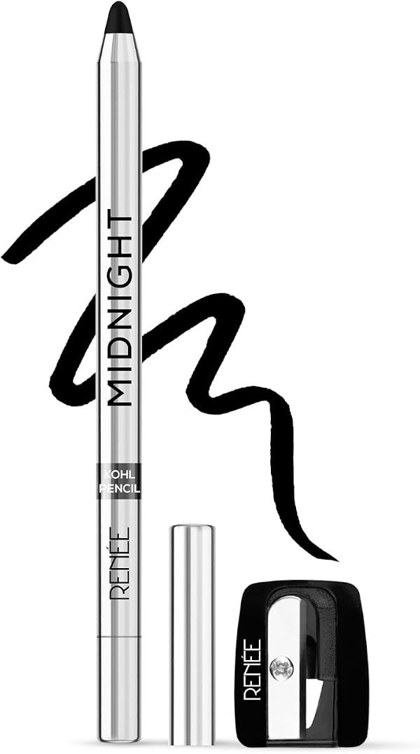 RENEE Midnight Kohl Kajal Pencil | Waterproof, Smudgeproof With Sharpener | 24 Hours Long Stay | Darkest Black | One Swipe Application | Vitamin E, Olive Oil and Castor Oil | Matte Finish |1.5 Gm