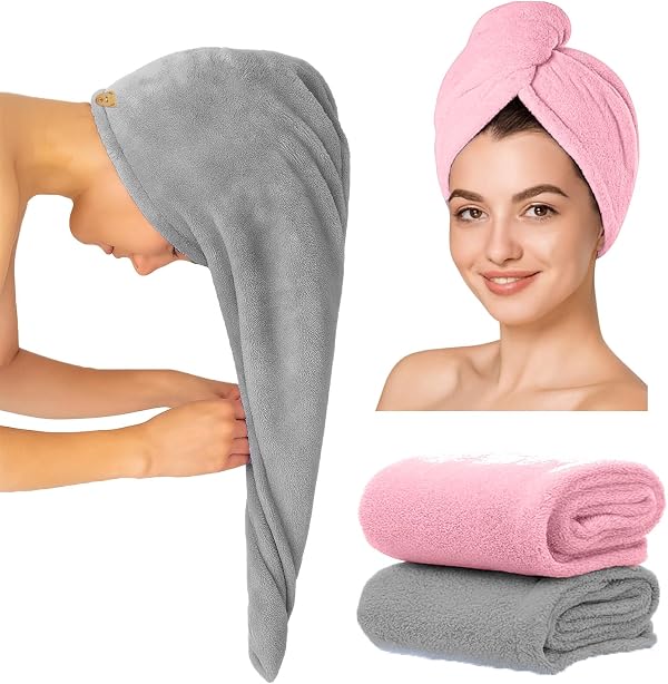 MAXOSHINE Hair Towel Wrap for Women-Quick Drying Microfiber Towel for Hair with Elastic Loop for Tying-Super Absorbent Head Towels Wrap for Ladies Hair Turban (Pack of 2-Grey & Pink)