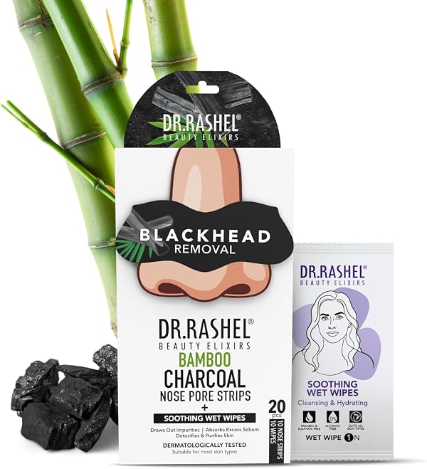 DR.RASHEL Beauty Elixirs Bamboo Charcoal Nose Pore Strips for Blackhead Removal, Activated Charcoal Deep Cleansing & Oil Control, Painless Pore Care for Men & Women, Pack of 20 (10 Strips + 10 Cleansing Wipes)