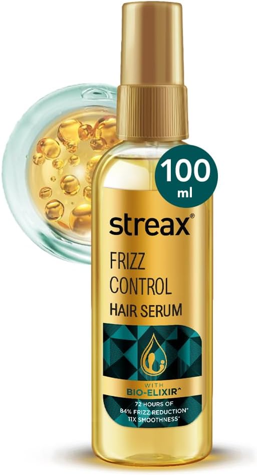 Streax Frizz Control Hair Serum for Dry Frizzy Hair- 100 ml, 72hrs Frizz Free Hair, For Women & Men, With Bio – Elixir, 84% Frizz Reduction & 11X smoothness