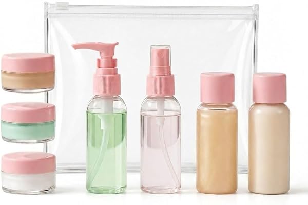 Temperia Travel Bottles for Toiletries (7pcs) - Refillable Empty Mini Containers with Pouch (Random Colors) - Travelling Accessories & Essentials Kit Set for Shampoo, Cosmetics, and More