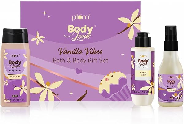 Plum BodyLovin' Vanilla Vibes Bath & Body Gift Set | Wash | Mist | Oil | Long-Lasting Fragrance | For Women | Gifting For Rakhi & Special Occasions| Pack Of 3